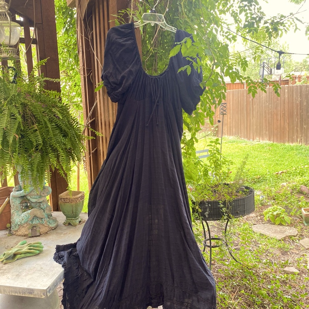 FP high waist, puff sleeve, long black sundress. 65” long at deepest hem.